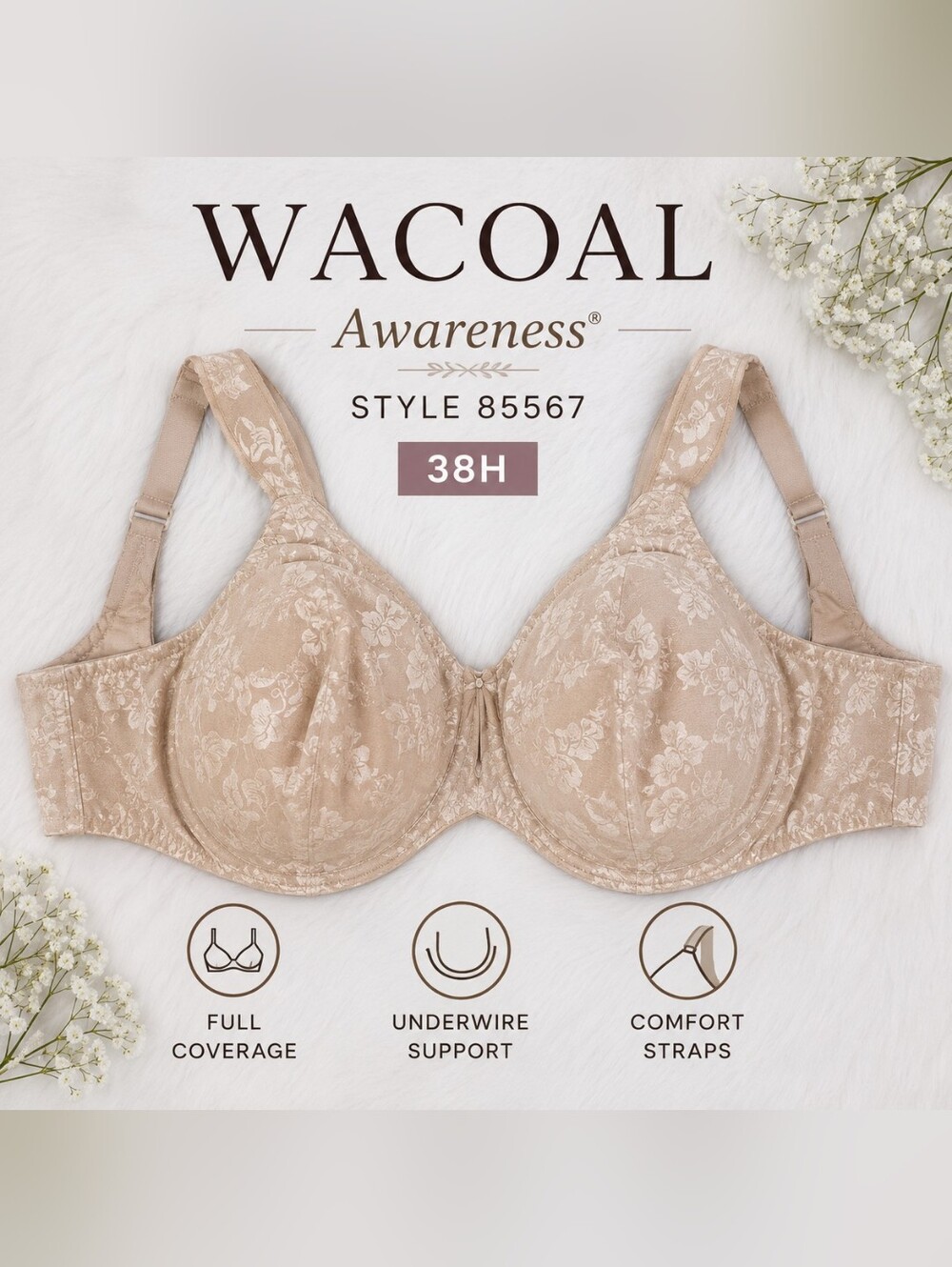 Wacoal Awareness Underwire Bra 85567 Beige Nude Floral Jacquard Full Cover  38H